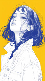 黄底蓝色短发女子画像