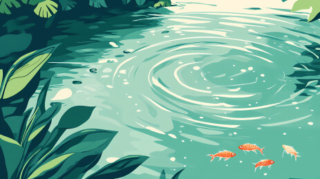 水潭和绿植清新插画