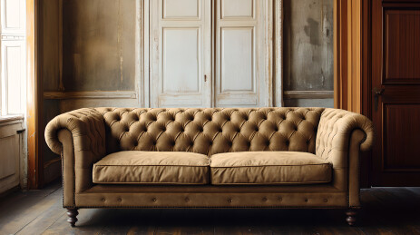 复古棕黄色纽扣沙发，旧墙面复古空间