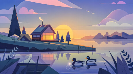 安静的日落傍晚河边卡通小鸭子木屋风景场景
