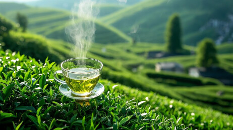 茶园中的一杯清茗绿茶