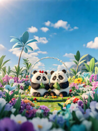 3d渲染卡通动画熊猫粽子端午节插画场景