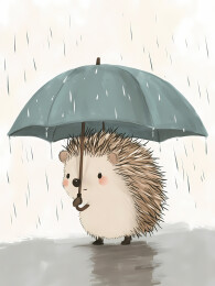 雨天小动物刺猬打着伞白底插画