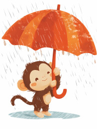雨天可爱的小猴子打着伞白底插画