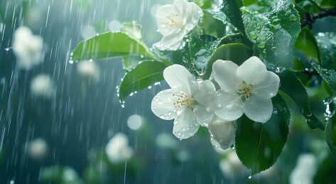 雨中绽放的白色花朵