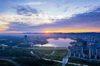 成都天府新区兴隆湖湿地公园科学城日出航拍