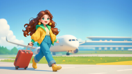 3D卡通女孩的飞机度假旅行