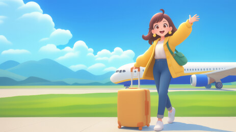3D卡通女孩的飞机度假旅行