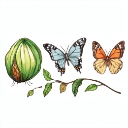 绿叶上的蝴蝶与虫茧