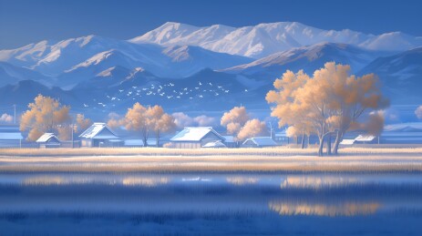 冬天黄昏北方雪山下的农庄