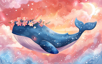一只卡通鲸鱼飞在云海中