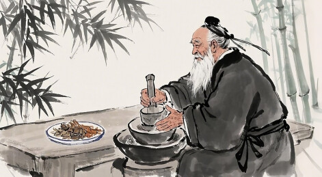穿着古装的老爷爷在研磨煎中药