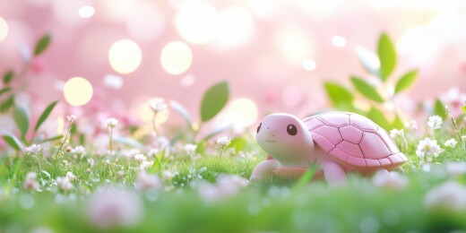 唯美晴朗天气开花的田野中可爱乌龟特写3D
