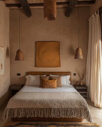 皮革床搭配木梁设计