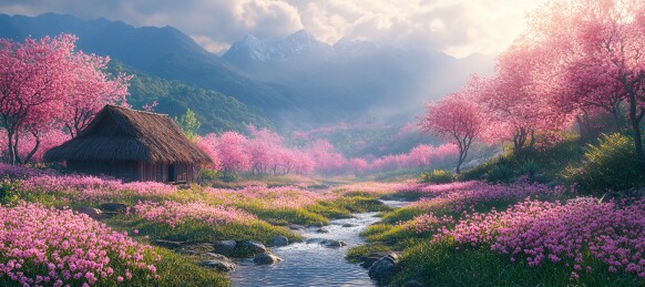 桃树流水茅草屋