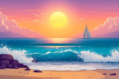 夕阳余晖下的海边礁石与帆船