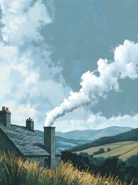 烟囱上升起的白烟与阳光下的山丘