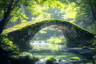 阳光斑驳的青苔石桥