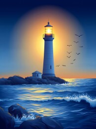 阳光下的灯塔与蔚蓝海景