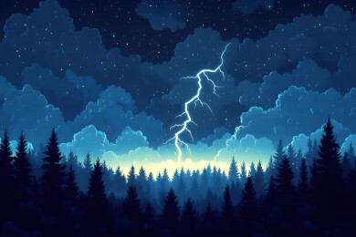 闪电划破乌云照亮雨林