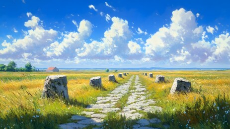 阳光下的乡间石墩与田野