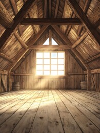 阳光下的旧阁楼木梁