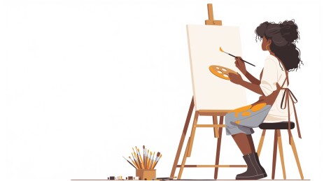 平面画家在画板上拿着画笔绘画插图