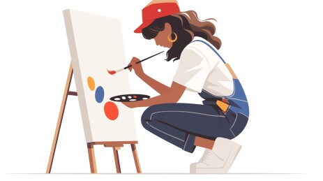 平面画家在画板上拿着画笔绘画插图