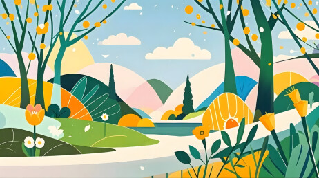 夏日色彩丰富的花草植物叶子花朵森林插画