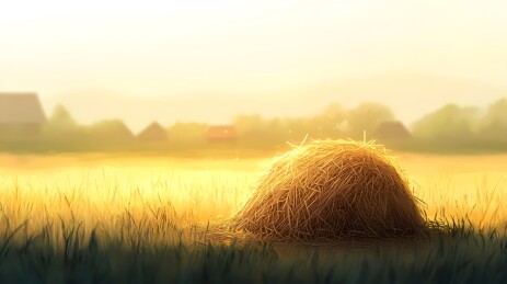 金色阳光下整齐的茅草垛