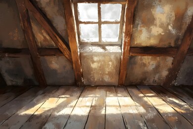 阳光下的旧阁楼木梁