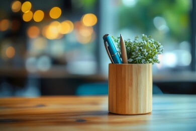 书桌上的木质笔筒