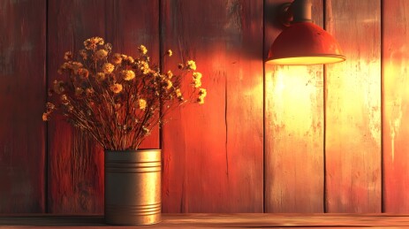 木质墙面上挂着的铁皮罐干花与温暖壁灯