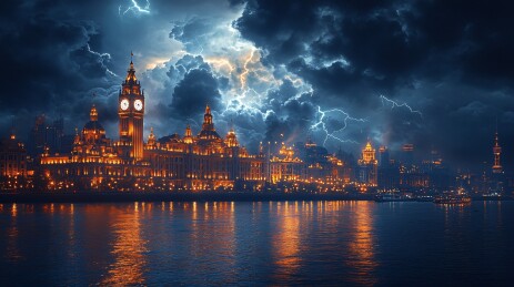 乌云闪电下的宏伟钟楼建筑夜景