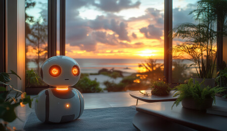 夕阳窗景与智能机器人