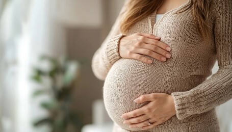 孕妇室内抚摸隆起的腹部