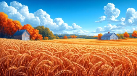 秋日麦田农舍风光