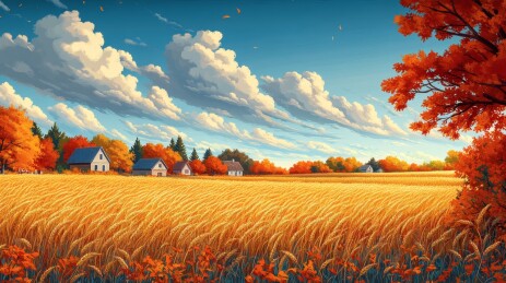 秋日麦田农舍风光