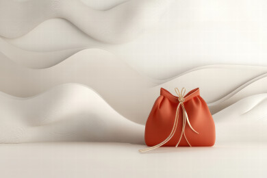 橙色抽绳包在白色波浪背景前