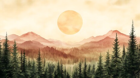水墨山林日出风景画