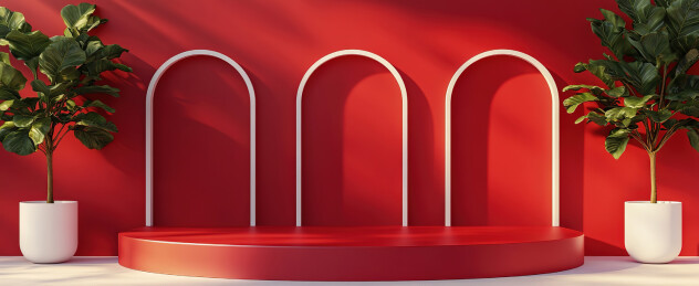 红色背景下的中式建筑