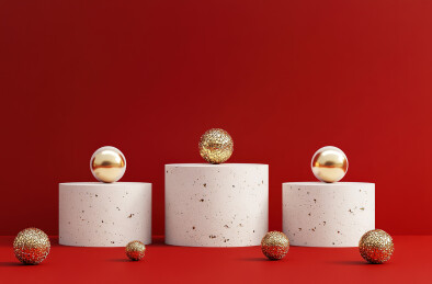 红色背景上圣诞饰品的特写镜头