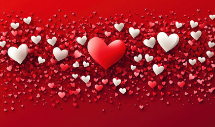 红色背景下心形装饰的高角度视图