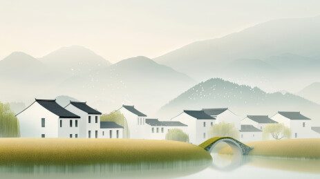 中国传统江南水乡民居建筑自然风景插画