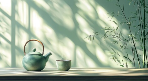 中式茶具与竹子光影静物
