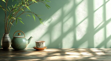中式茶具与竹子光影静物