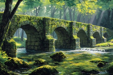 阳光斑驳的青苔石桥