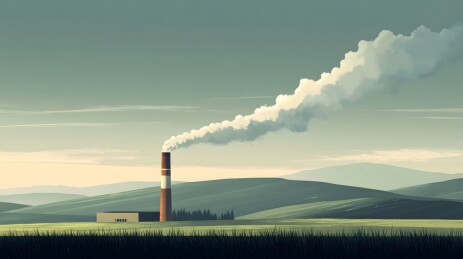 烟囱上升起的白烟与阳光下的山丘