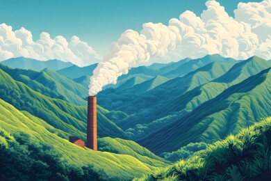 烟囱上升起的白烟与阳光下的山丘