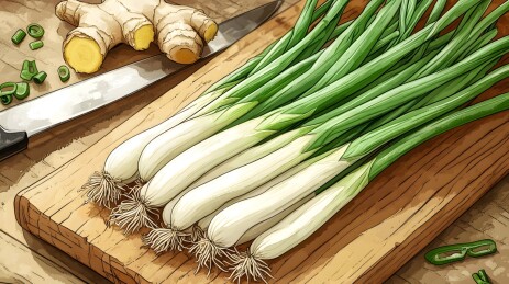 木质砧板上的葱花与姜块